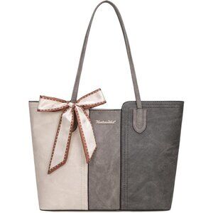 Women Beige With Grey Imported Vegan Leather Medium Top Handle Satchel Tote Bags